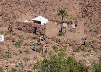Arriving to the campsite - an old abandoned kasbah in Jebel Saghro mountain range in Morocco