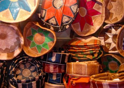 Leather goods for sale at Chouara Tannery in Fes in Morocco